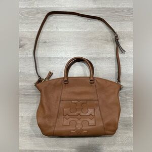 BGA29 Tory Burch Bombe T Brown Leather Double Handle Satchel With Sling